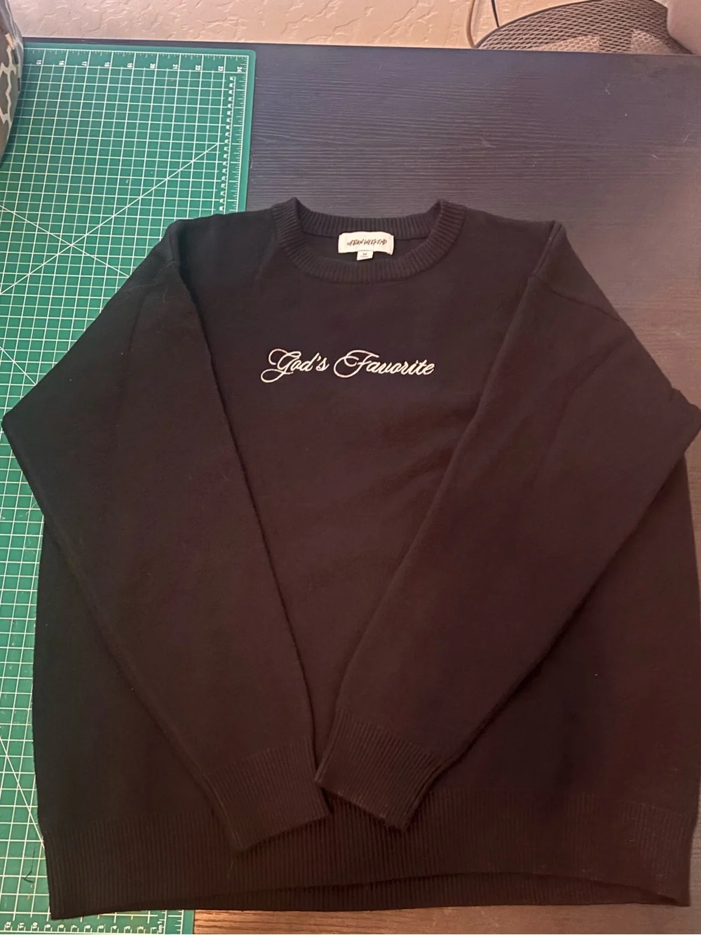 Urban Weekend Men black crewneck sweatshirt with white cursive text reading 'God
